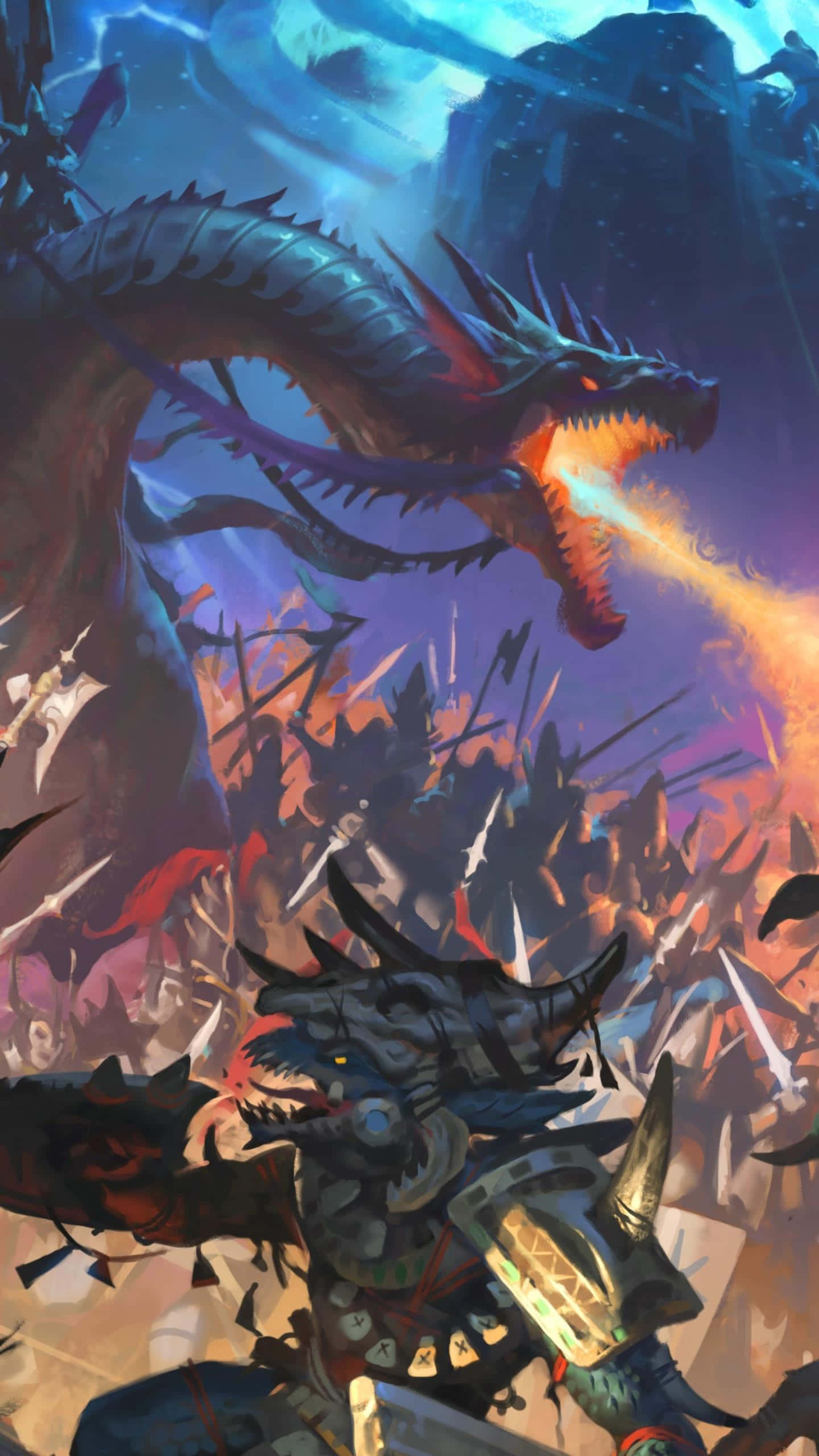 Pixel 3xl Total War Warhammer 桌布 壁紙 — 一條巨大的龍在下方有裝甲戰士的戰場上噴火，營造出戲劇性的奇幻場景。