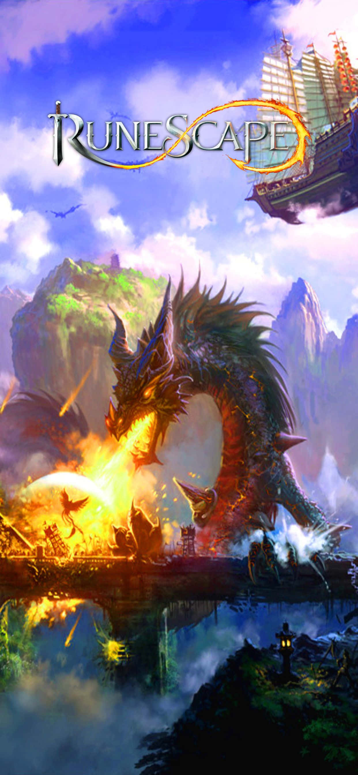 iPhone Xs Max Runescape 桌布 壁紙 — 一條巨大的龍在幻想城市上空噴火，一艘船在 vibrant 的天空下航行於鋸齒狀的山脈之上。