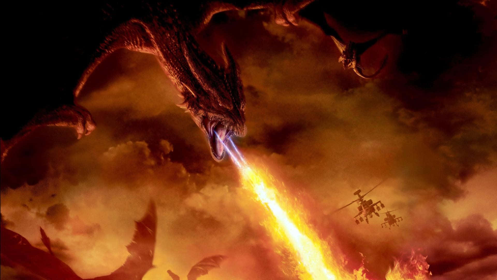龍 桌布 壁紙 — 一條巨大的龍在煙霧瀰漫的末日天空中向直升機發射火焰光束。