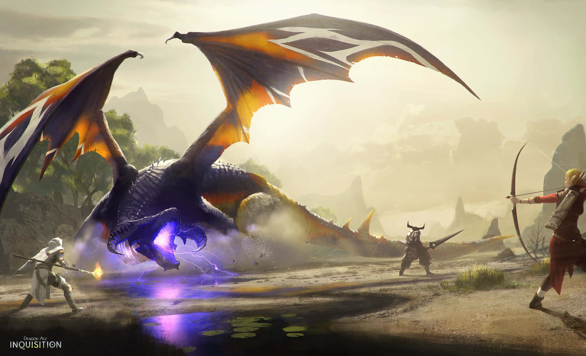 Best Dragon Age Inquisition 桌布 壁紙 — 一條巨大的龍發出發光的紫色氣息咆哮著，三名戰士在霧氣瀰漫的山谷中與之戰鬥。