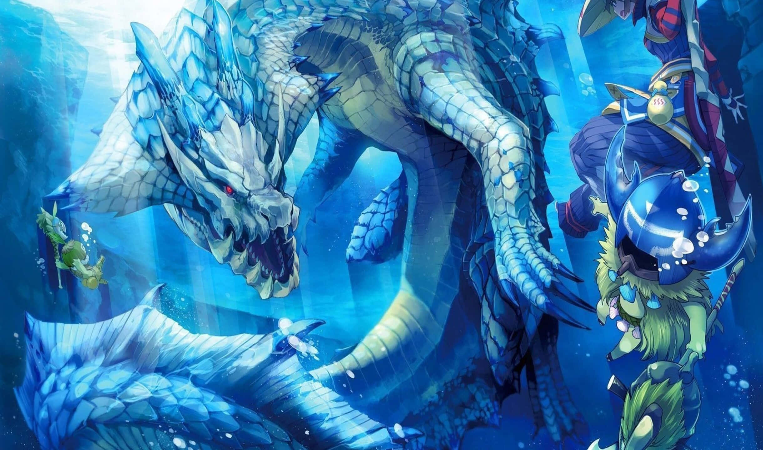 電玩遊戲 桌布 壁紙 — 一條巨大藍鱗龍，雙眼發出紅光，從深海浮現，而一名身穿藍色盔甲的戰士正準備戰鬥。