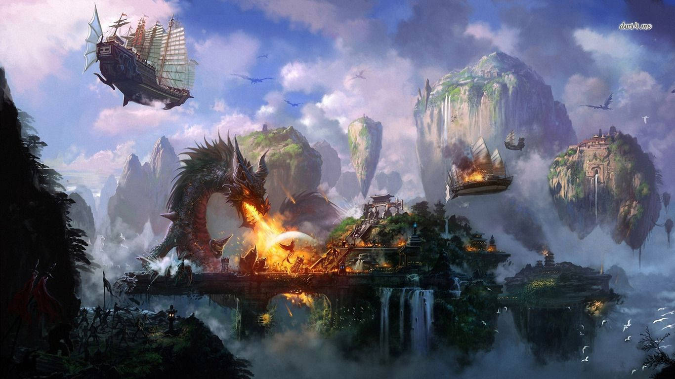 龍 桌布 壁紙 — 一條巨龍向浮空島嶼堡壘噴火，帆船在霧氣瀰漫的奇幻天空中穿梭於鋸齒狀山峰之間。