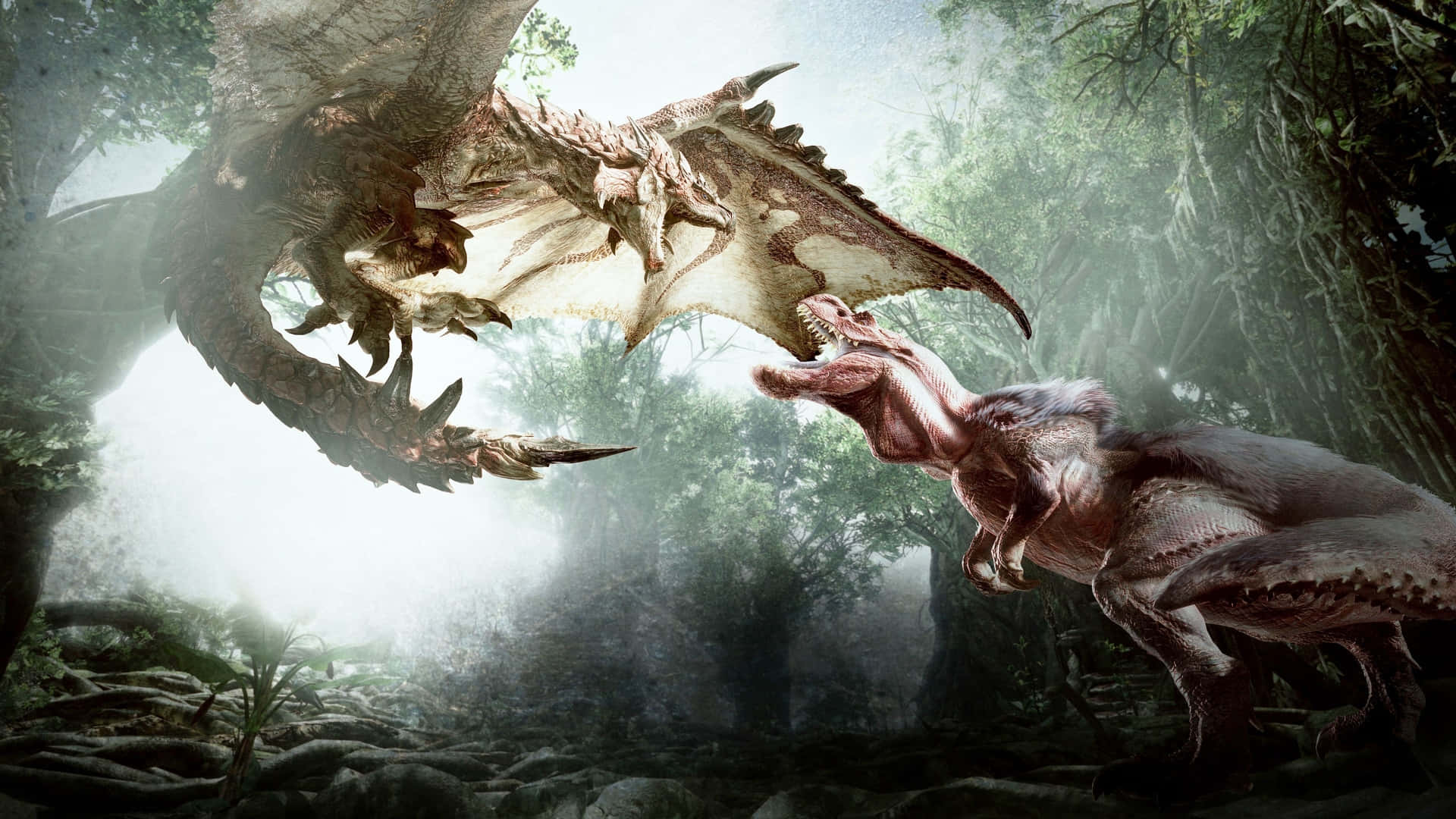 HD Monster Hunter World 桌布 壁紙 — 一條巨龍在霧氣瀰漫的叢林中翱翔，下方是一頭咆哮的恐龍，斑駁的陽光穿過茂密的樹葉灑落下來。