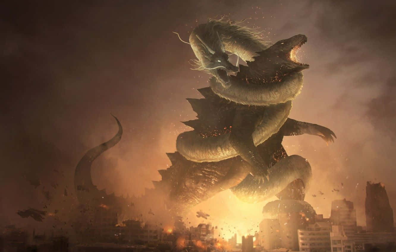 Godzilla Art 桌布 壁紙 — 一條巨龍與哥吉拉在烈火熊熊的城市戰場上激烈交鋒，建築物在它們的破壞力下倒塌。