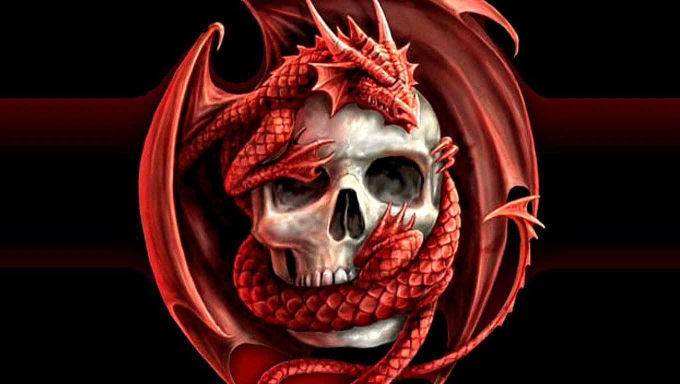Evil Skull 桌布 壁紙 — 一條帶有威脅性的紅龍纏繞著人類頭骨，背景為深色並帶有發光的紅色點綴。