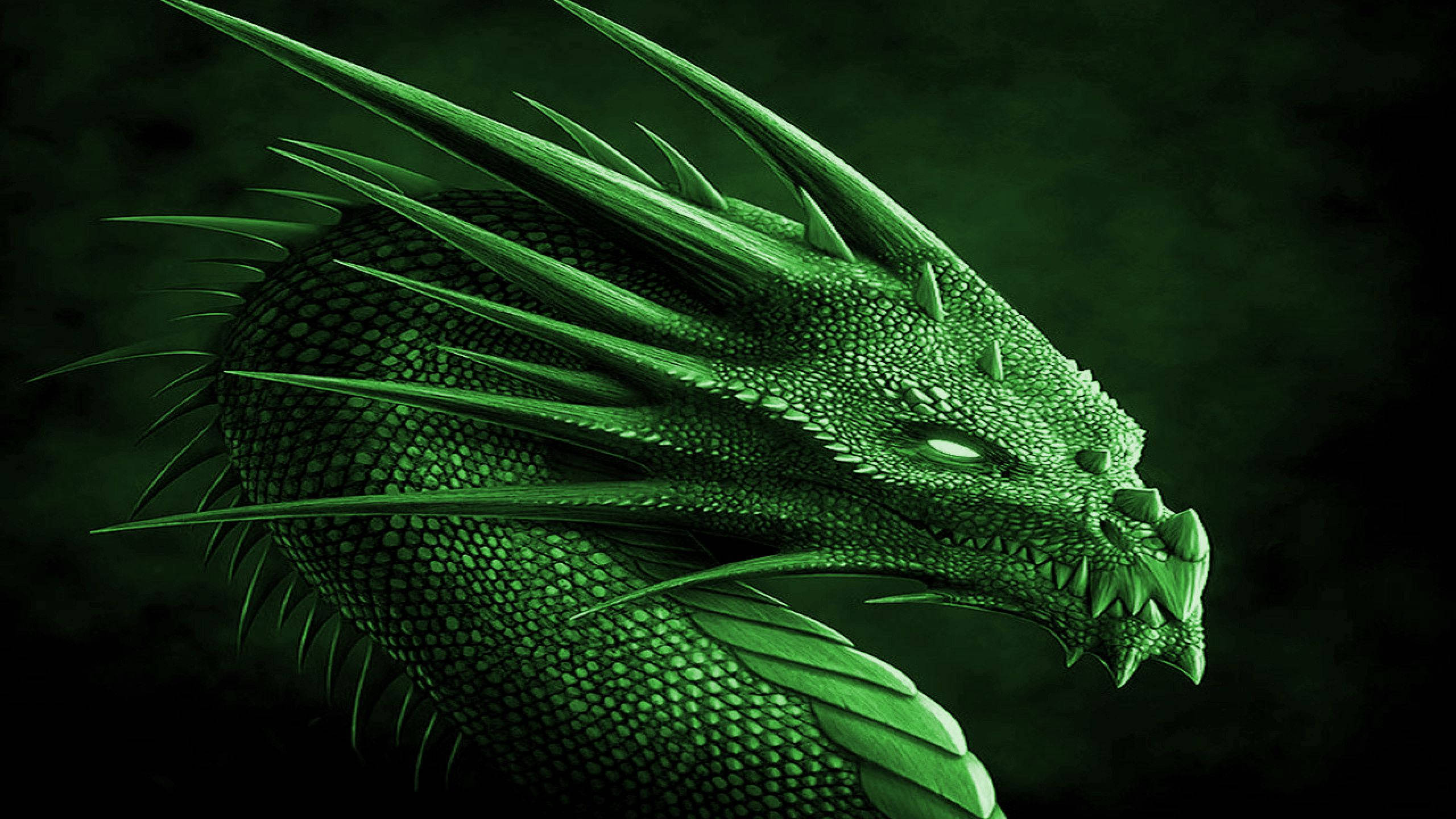 Earth Dragon 桌布 壁紙 — 一條帶有尖刺鱗片和發光眼睛的兇猛綠色巨龍，在黑暗背景下強烈凝視。
