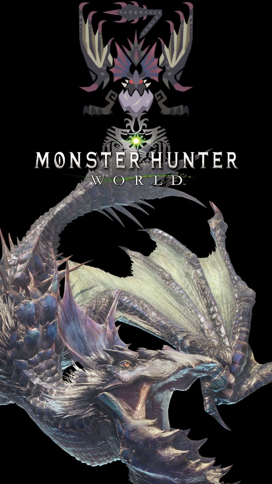 Android Monster Hunter World 桌布 壁紙 — 一條帶有尖刺鱗片和發光眼睛的威嚇巨龍，在黑色背景上咆哮，上方有Monster Hunter World標誌。