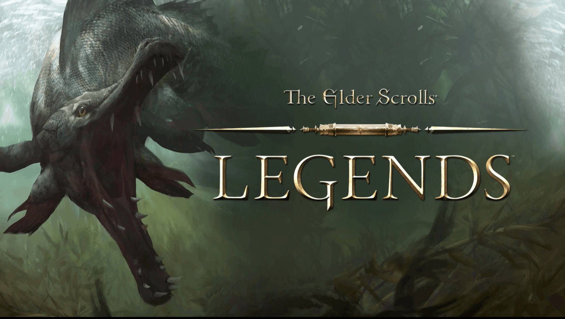 Elder 桌布 壁紙 — 一條帶有尖牙和發光眼睛的威嚇龍從標題 The Elder Scrolls LEGENDS 後面的迷霧綠色樹葉中出現。