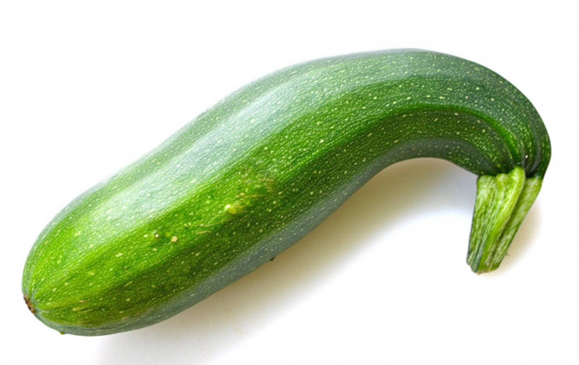 Zucchini 桌布 壁紙 — 一條帶有斑點皮的鮮綠色櫛瓜，在純白背景上優雅地彎曲。