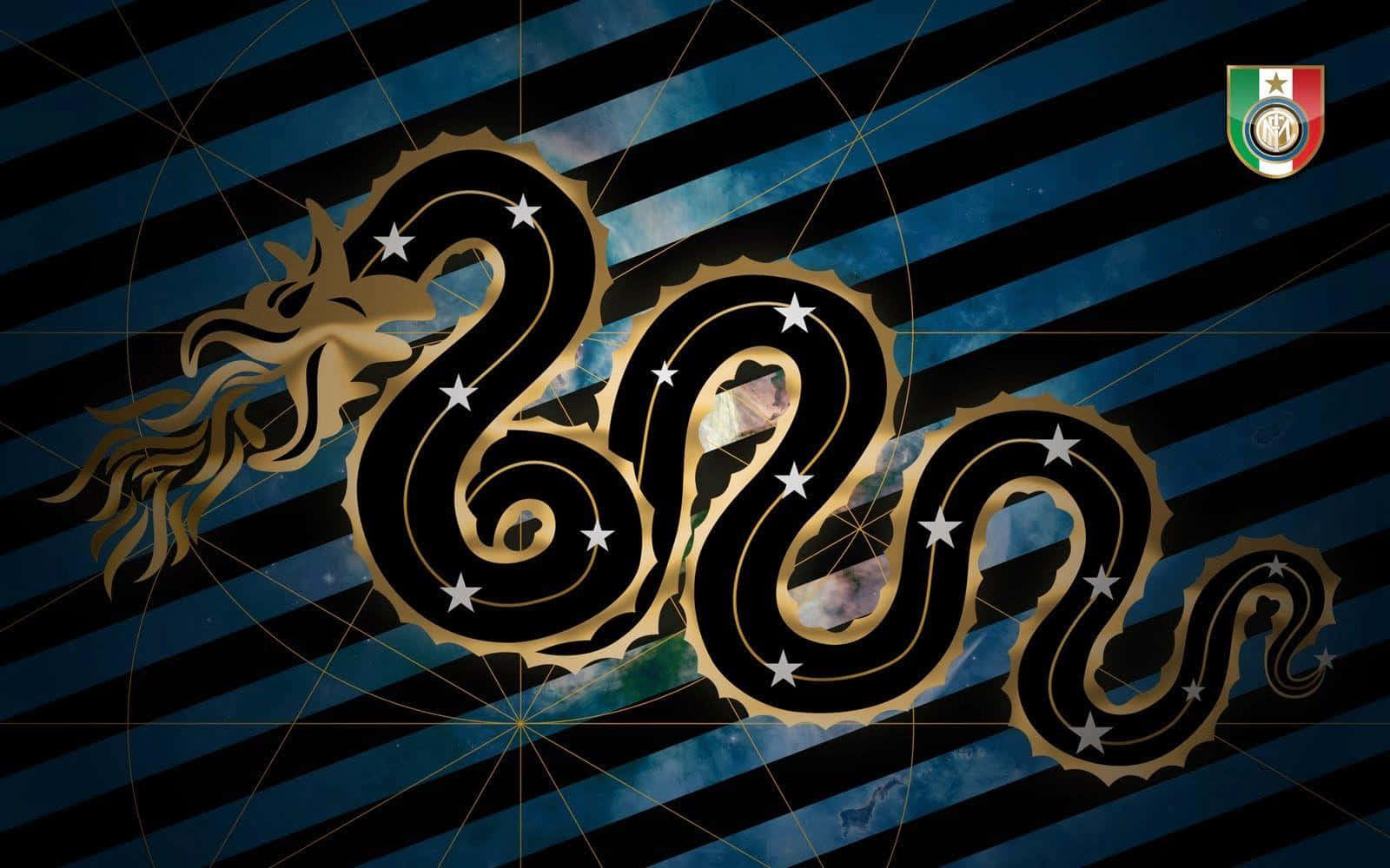 Inter Milan 桌布 壁紙 — 一條帶有星星的金龍在帶有幾何線條的藍黑條紋宇宙背景上動態盤繞。