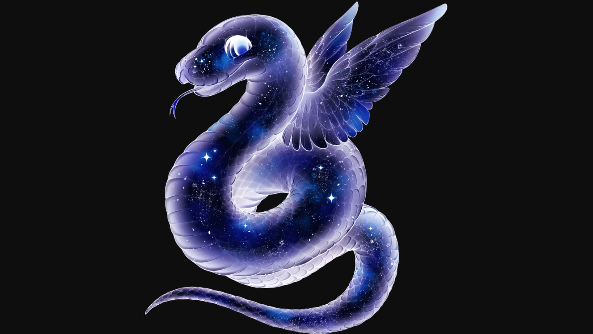 蛇 桌布 壁紙 — 一條帶有星鱗和發光翅膀的天蛇，盤繞在黑色虛空中。