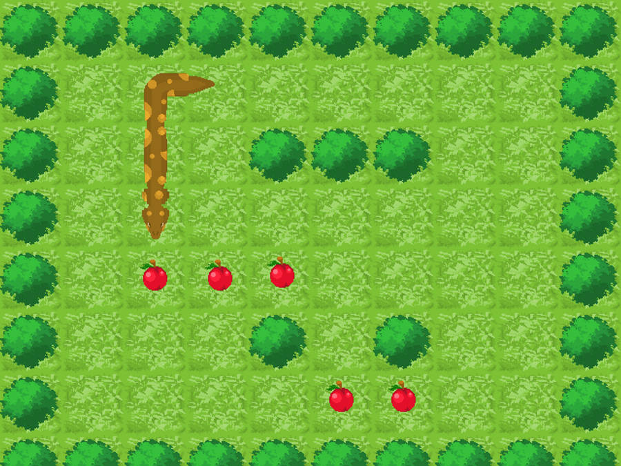 Snake Game 桌布 壁紙 — 一條帶有棕色斑點的像素蛇在綠色網格上滑行，追逐被灌木叢包圍的紅蘋果。
