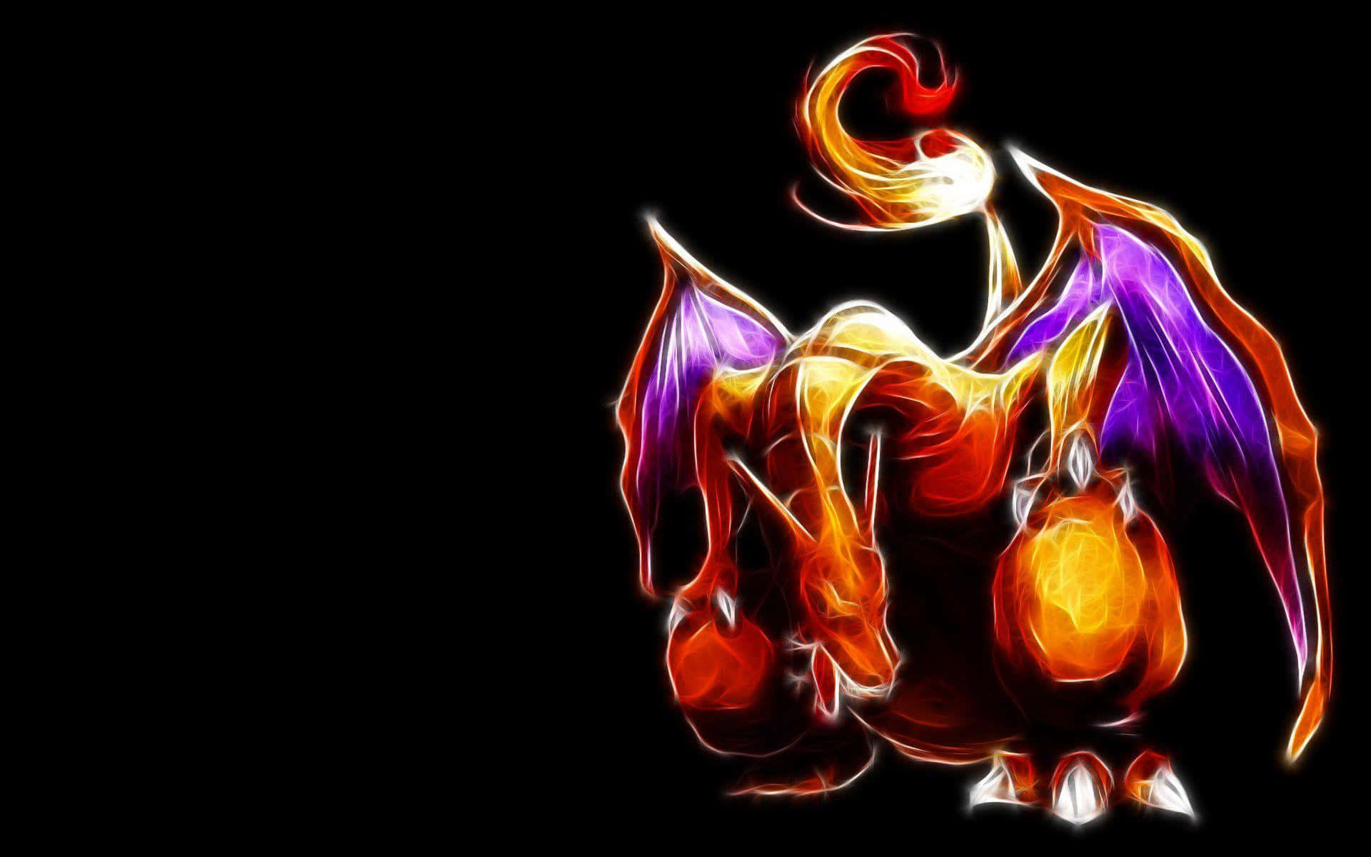 Pokemon Charizard 桌布 壁紙 — 一條帶有發光橙色和紫色翅膀的火焰龍站在黑色背景前，散發出強烈的熱量和能量。