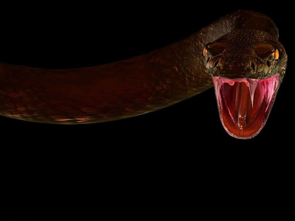 Scary Snake 桌布 壁紙 — 一條帶有發光橙色眼睛和露出尖牙的威脅性蛇，在純黑色背景上。