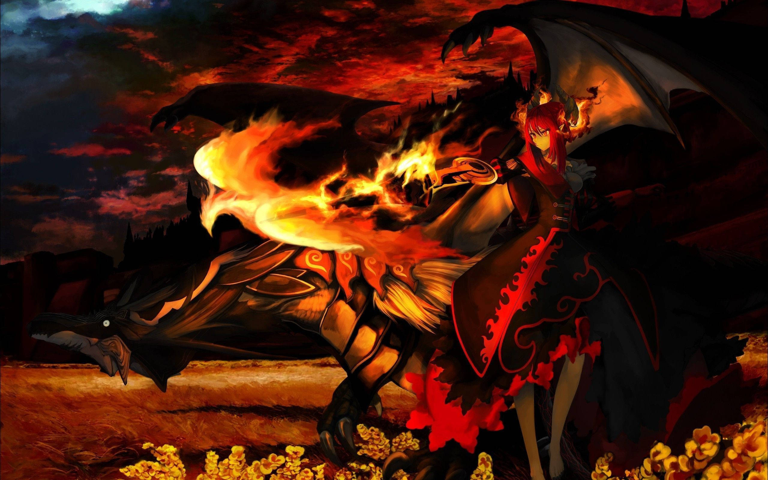 Fire Anime 桌布 壁紙 — 一條帶有發光橙色鱗片和翅膀的火焰巨龍，在血紅色的夕陽天空下，翱翔於金色花田之上。