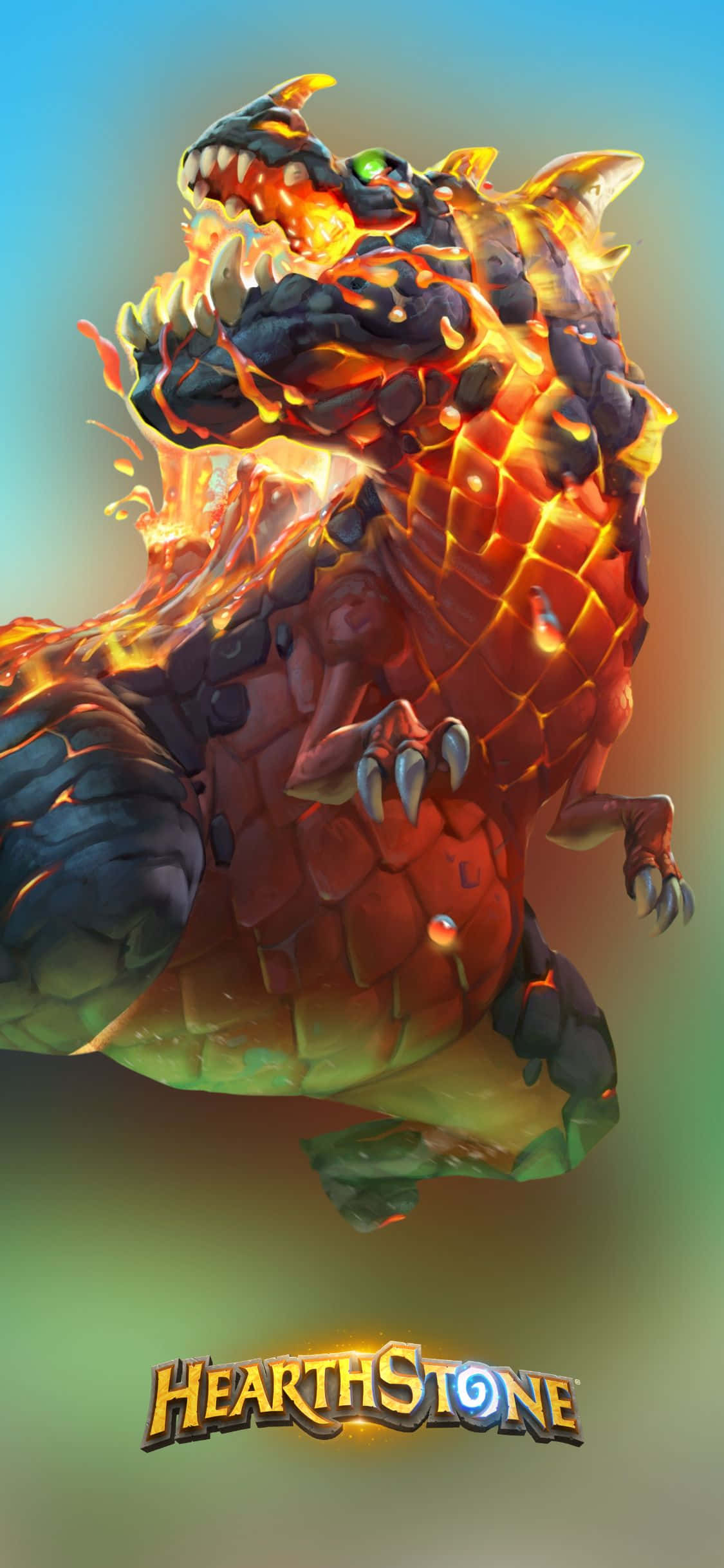 Game Art 桌布 壁紙 — 一條帶有發光橙色鱗片和鋒利爪子的火龍，在漸變天空下咆哮。