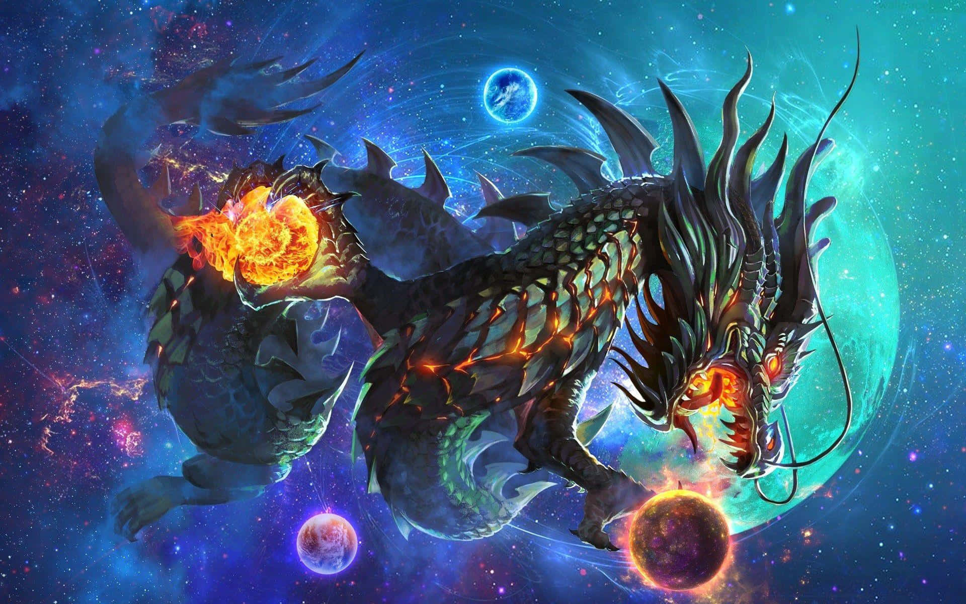 Wings Of Fire 桌布 壁紙 — 一條帶有發光橙色鱗片的火龍，穿過宇宙星雲和漂浮的行星噴射火焰。