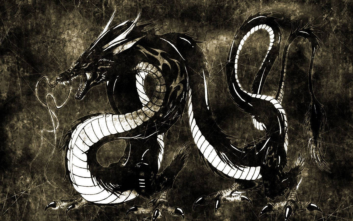 日式龍 桌布 壁紙 — 一條帶有發光白色腹部的兇猛黑龍，盤繞在粗糙紋理背景上。