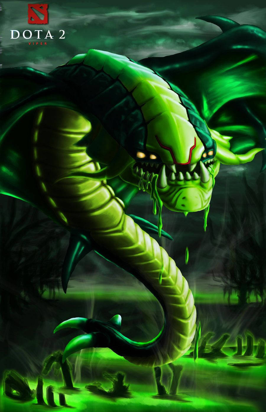 Dota 2 桌布 壁紙 — 一條帶有發光眼睛和滴落毒液的威脅性綠色蛇在暴風雨天空下的黑暗沼澤中蜿蜒前行。