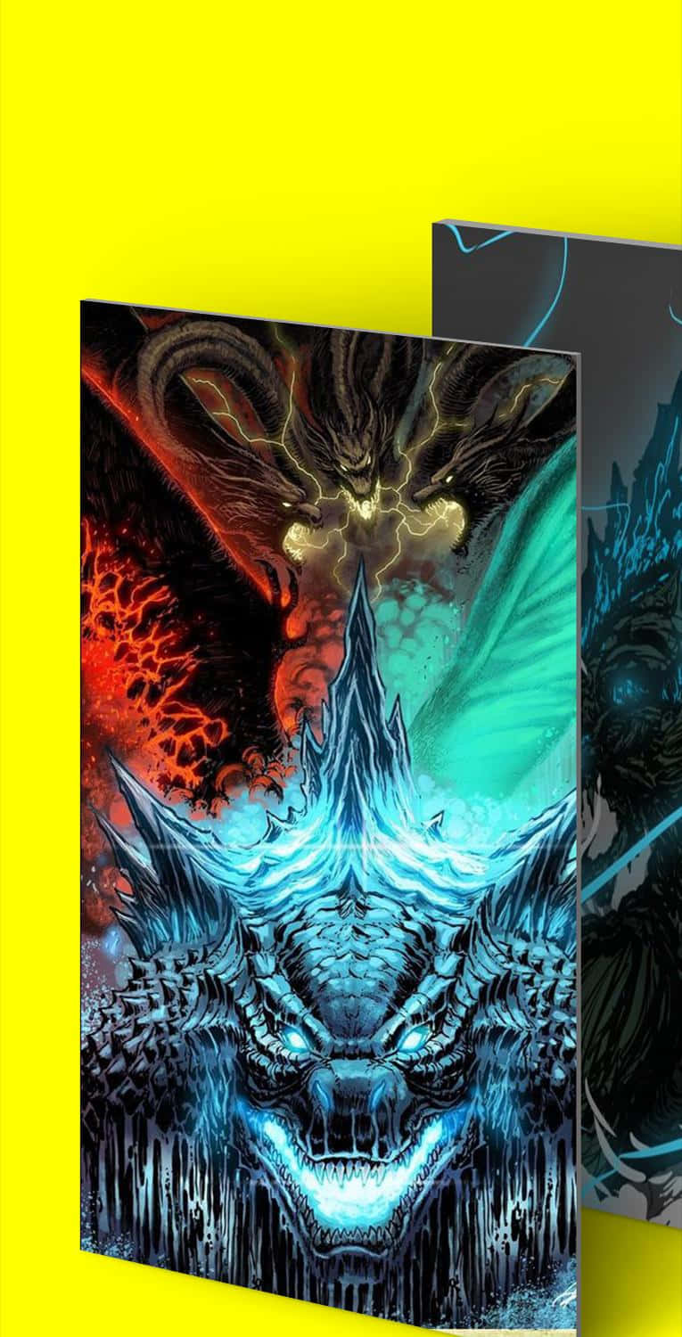 mothra 桌布 壁紙 — 一條帶有發光眼睛和鋸齒狀鱗片的威脅性藍色龍，在火紅和電光青綠的背景前面對一隻黑暗有翼生物。