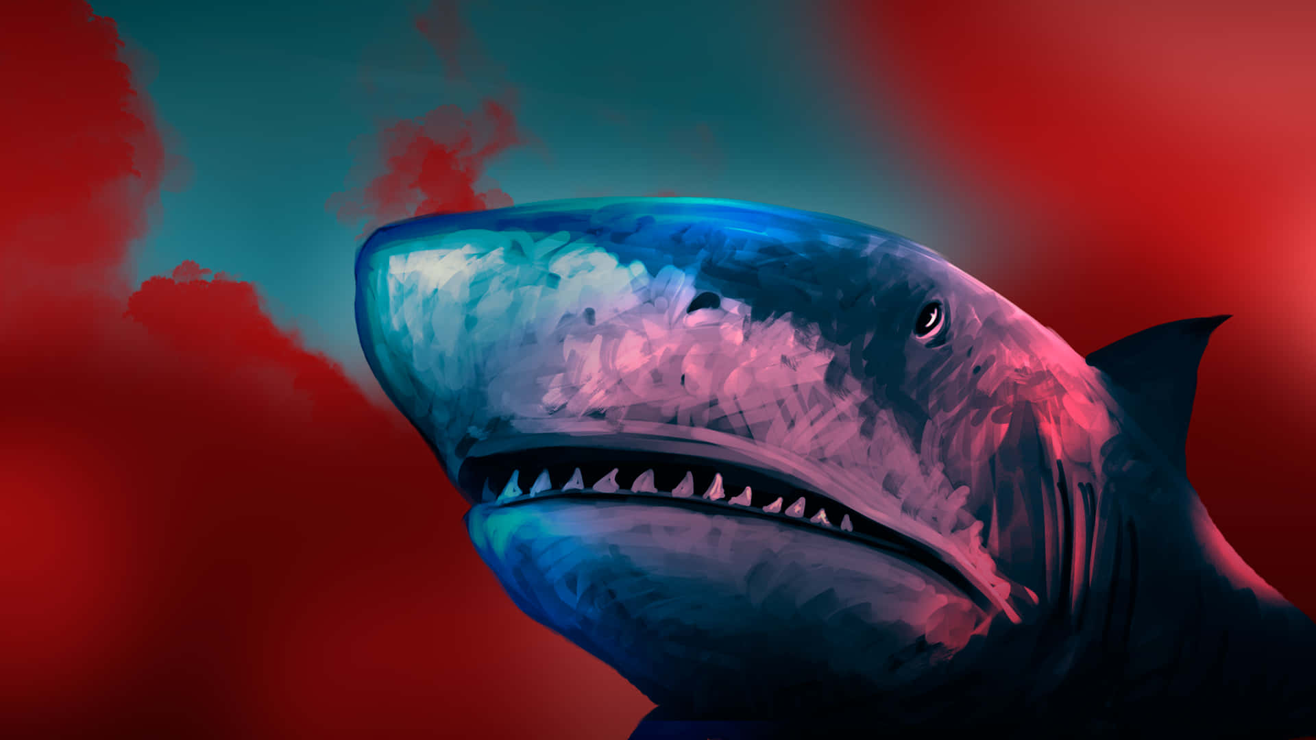Scary Shark 桌布 壁紙 — 一條帶有發光眼睛的兇猛鯊魚，在戲劇性的紅色和藍綠色背景前向前凝視。