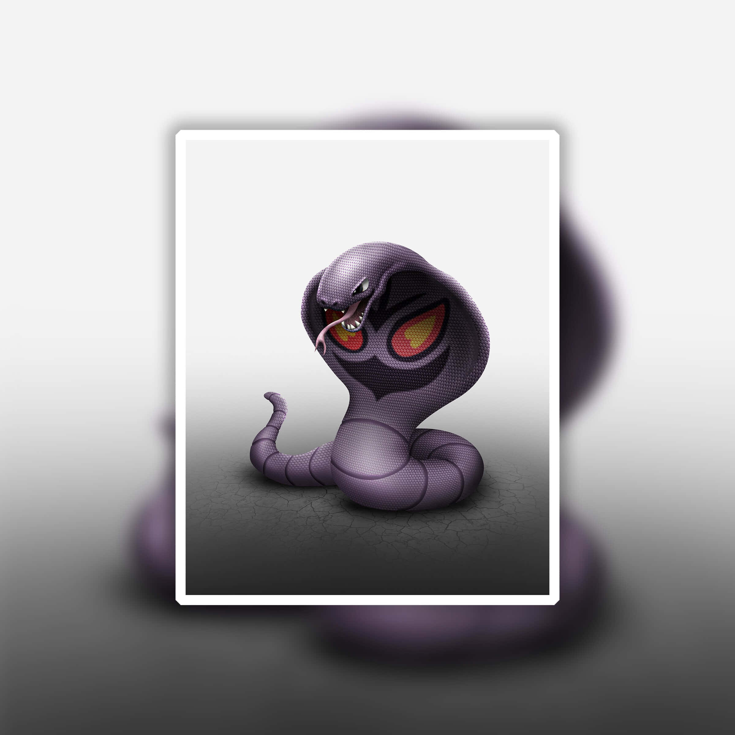 Pokémon 手機 桌布 壁紙 — 一條帶有發光紅眼和露出毒牙的威脅性紫色眼鏡蛇，在裂開的灰色地板上擺出威脅姿勢。
