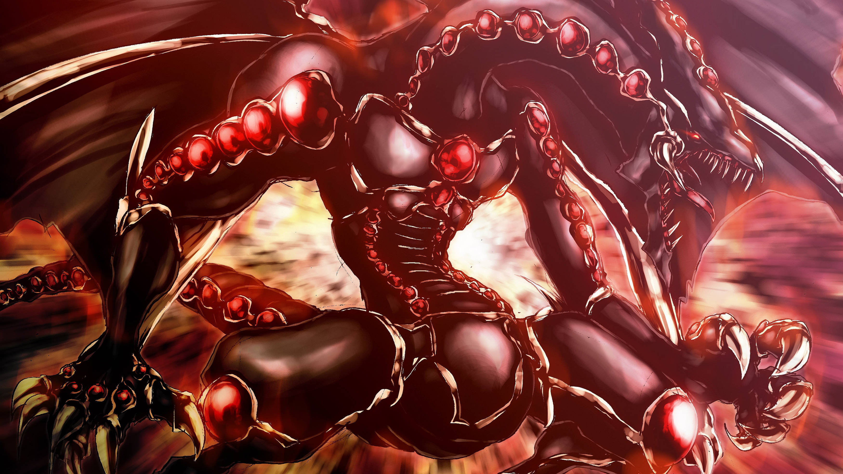 Yugioh 桌布 壁紙 — 一條帶有發光紅色球體和鎖鏈的威脅性黑龍，向著火焰般模糊的背景猛撲。