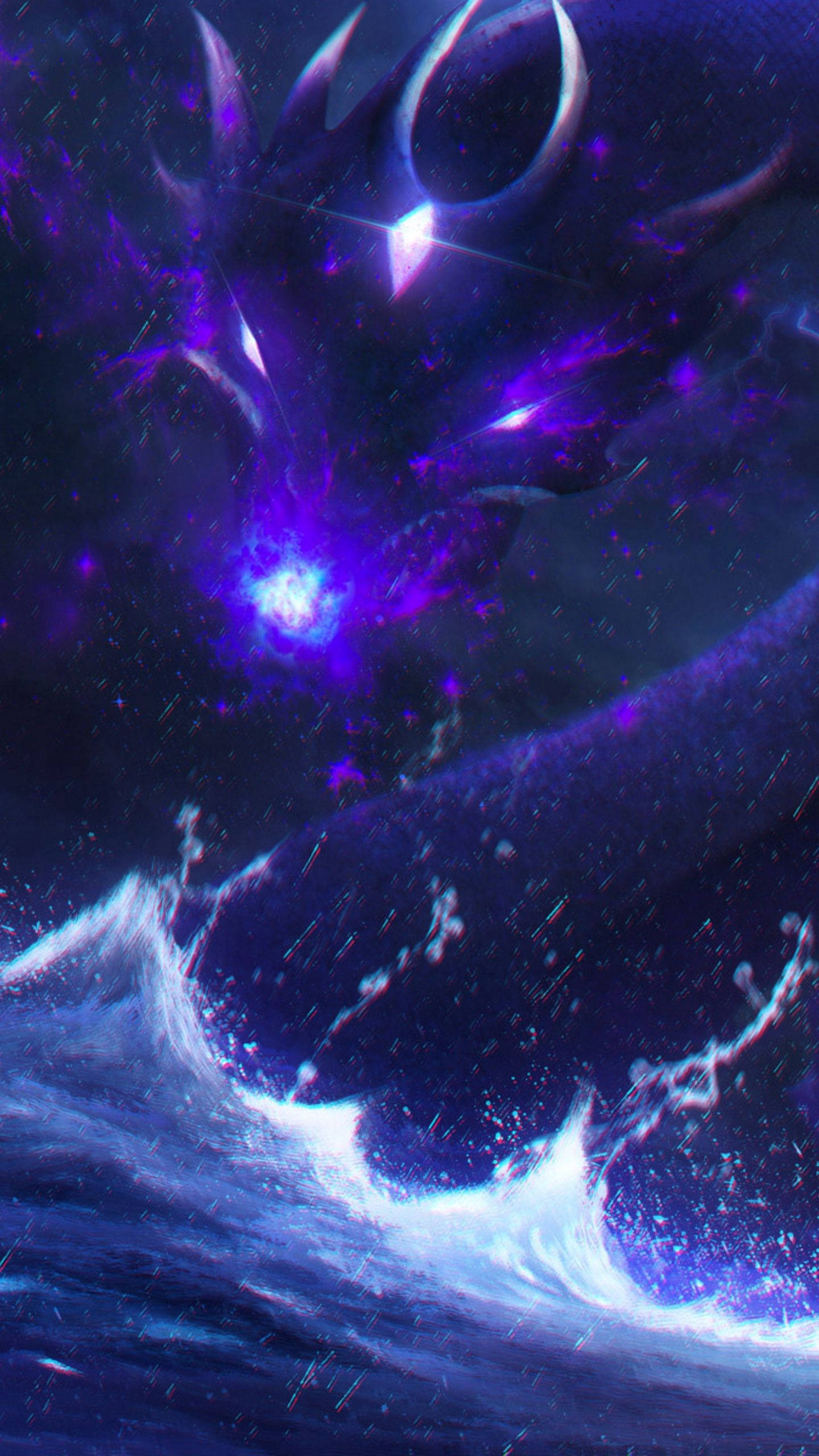 龍 桌布 壁紙 — 一條帶有發光紫色角和翅膀的宇宙龍從翻騰的星雲中出現，在洶湧的海浪之上。