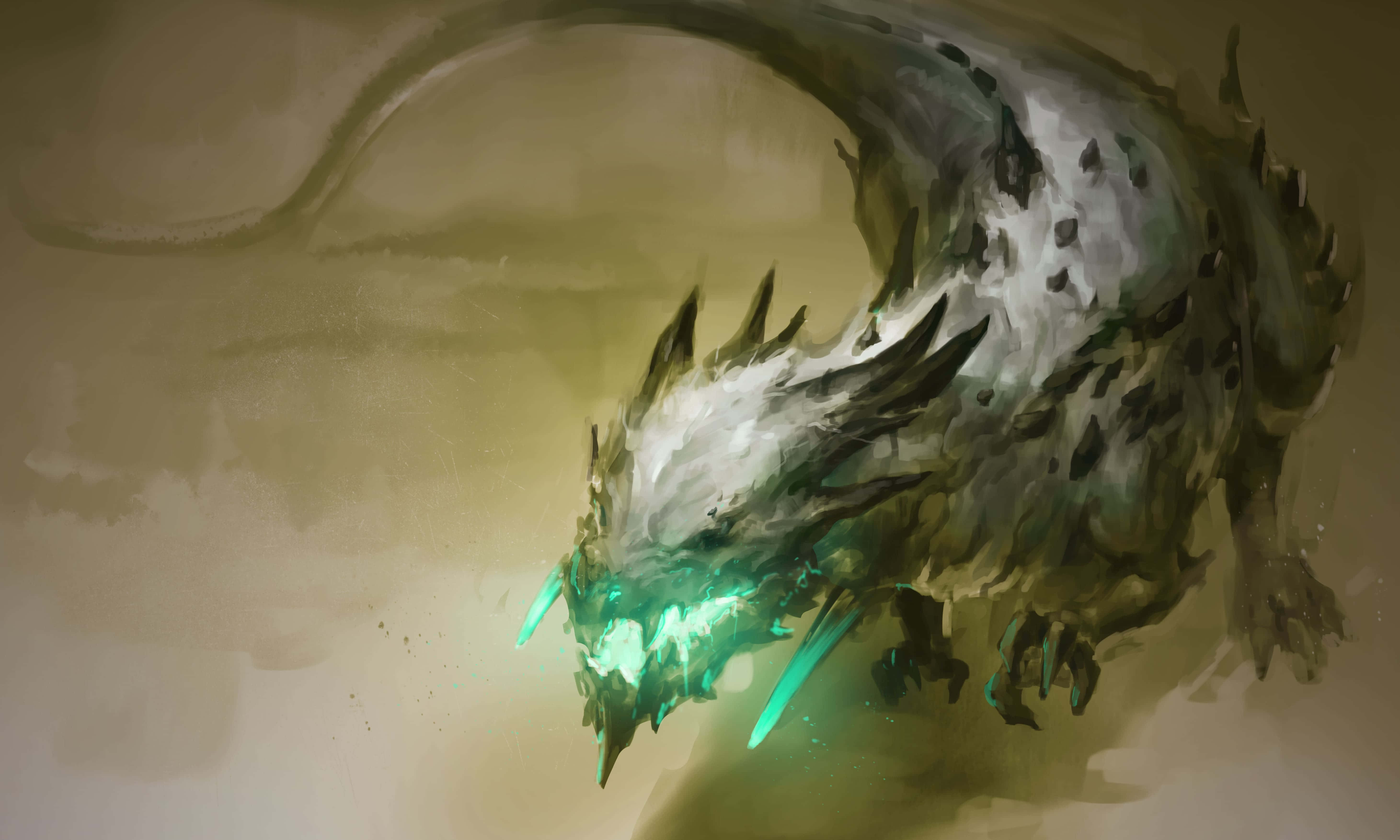 Mythical Dragon 桌布 壁紙 — 一條帶有發光綠色尖牙和尖刺鱗片的威嚇龍，盤繞在柔和的大地色背景上。