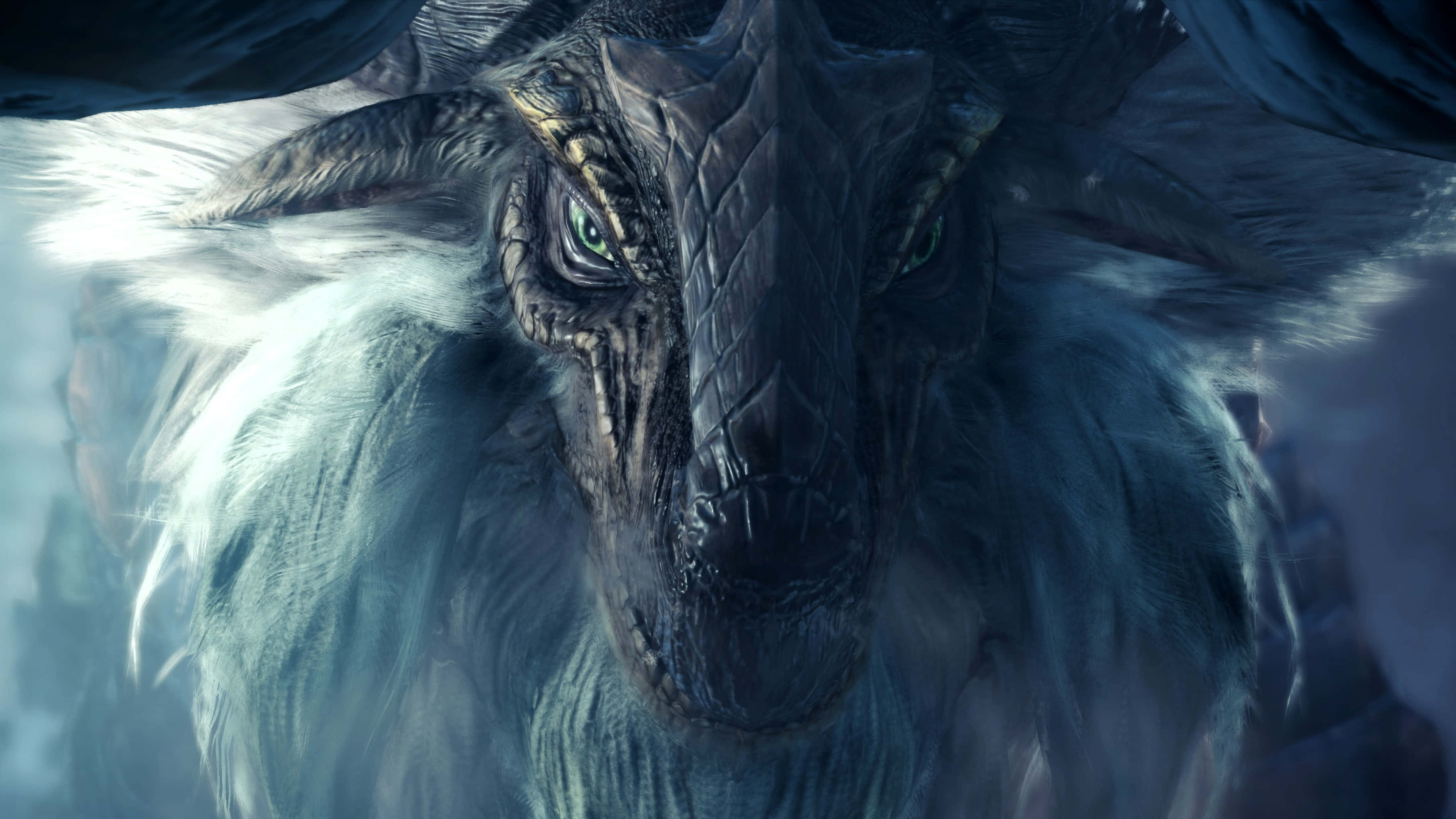 魔物獵人 世界 桌布 壁紙 — 一條帶有發光綠色眼睛和冰霜覆蓋鱗片的威嚇龍的特寫，強烈地向前凝視。