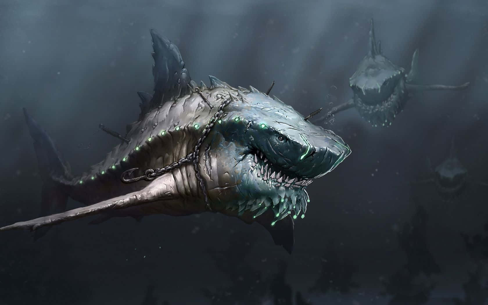 鯊魚 桌布 壁紙 — 一條帶有發光綠色鎖鏈的威脅性裝甲鯊魚在渾濁的黑暗水域中游動，背景中有其他類似的鯊魚。