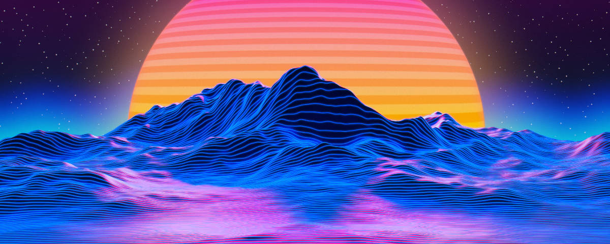 Vaporwave 桌布 壁紙 — 一條帶有發光藍色和粉紅色條紋的霓虹山脈，在繁星點點的夜空下，聳立於巨大的條紋日落之下。