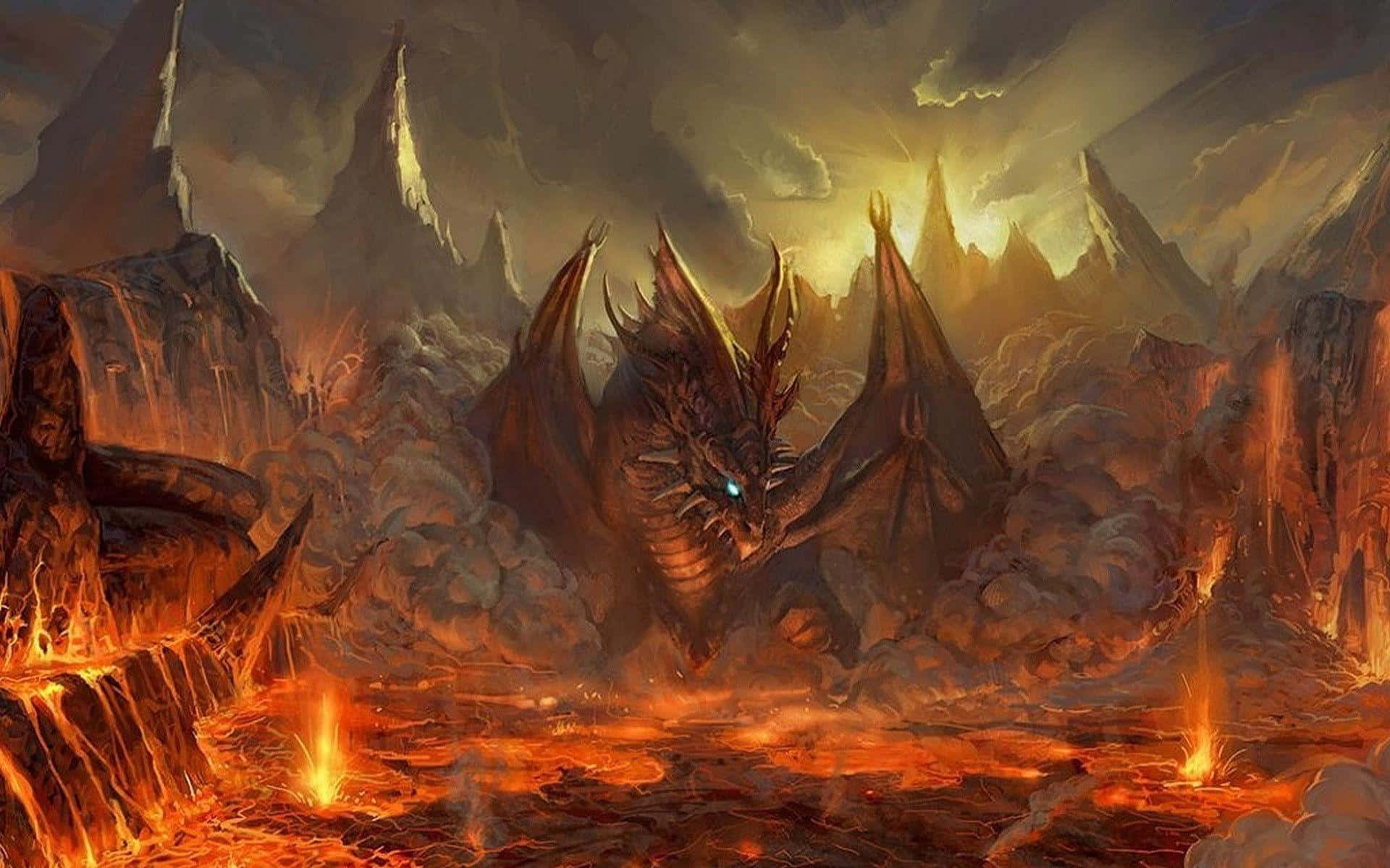 Hell 桌布 壁紙 — 一條帶有發光藍色眼睛的威嚇龍，在暴風雨的天空下從熾熱的火山景觀中出現。
