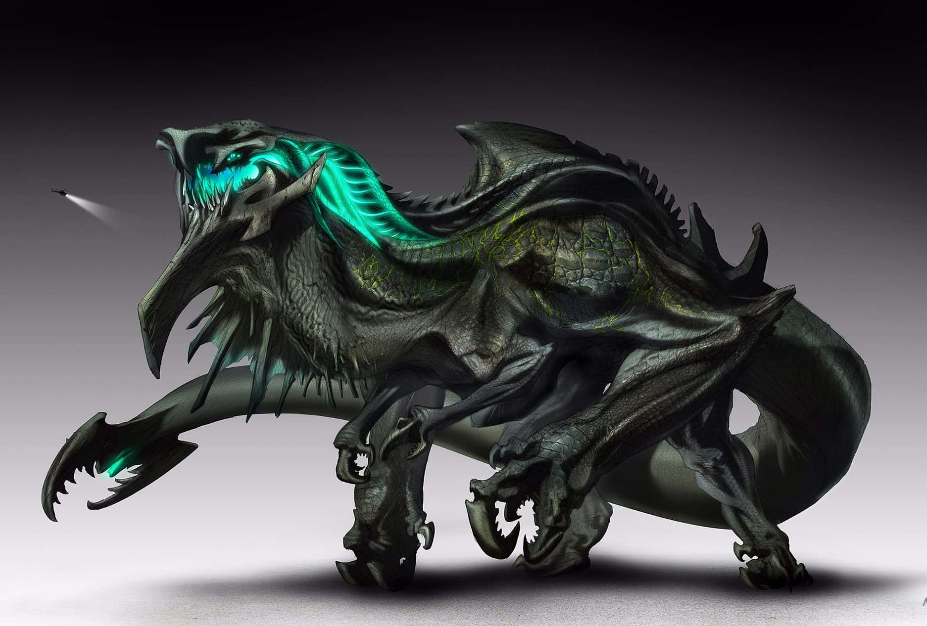Kaiju 桌布 壁紙 — 一條帶有發光青綠色腹部和眼睛的兇猛深綠色龍，在漸變灰色背景上向前猛撲。