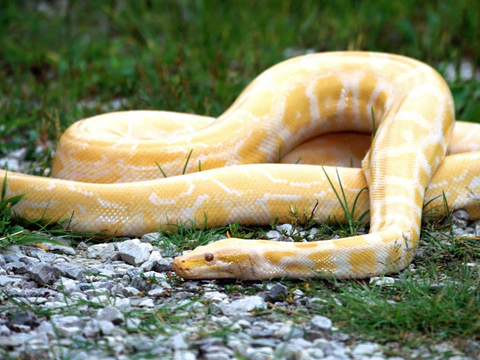 Yellow Snake 桌布 壁紙 — 一條帶有白色圖案的大型黃色蟒蛇，在自然戶外環境的草地和礫石上優雅地盤繞。