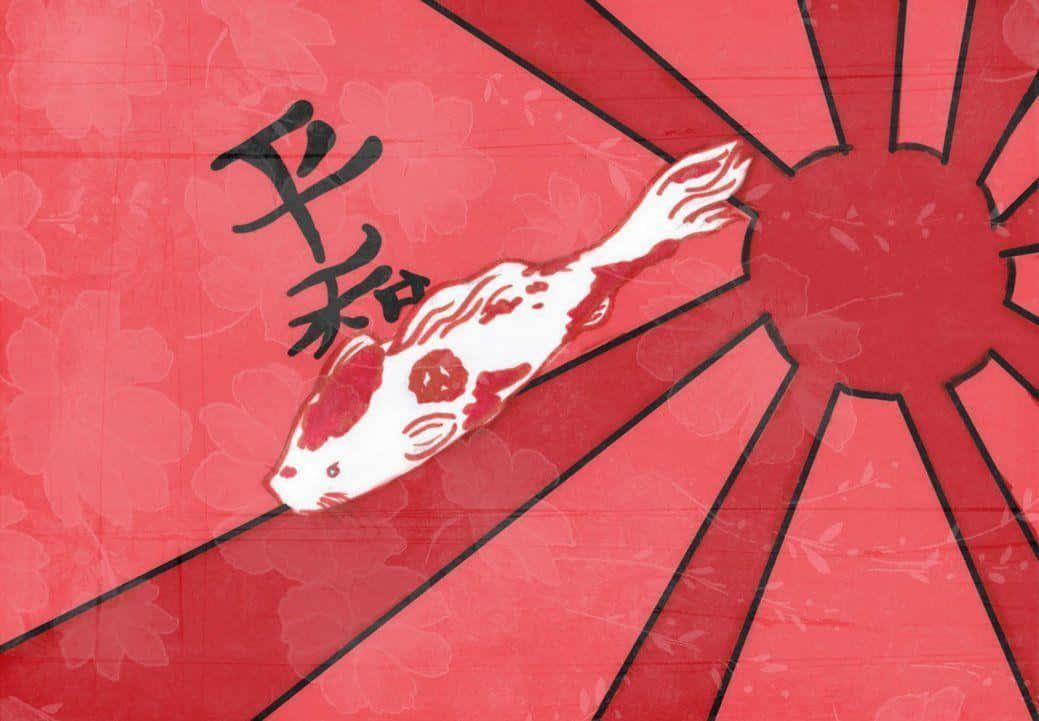 Koi Fish 桌布 壁紙 — 一條帶有紅斑的白色錦鯉在鮮紅色背景上游泳，背景有黑色光線和細微的櫻花。