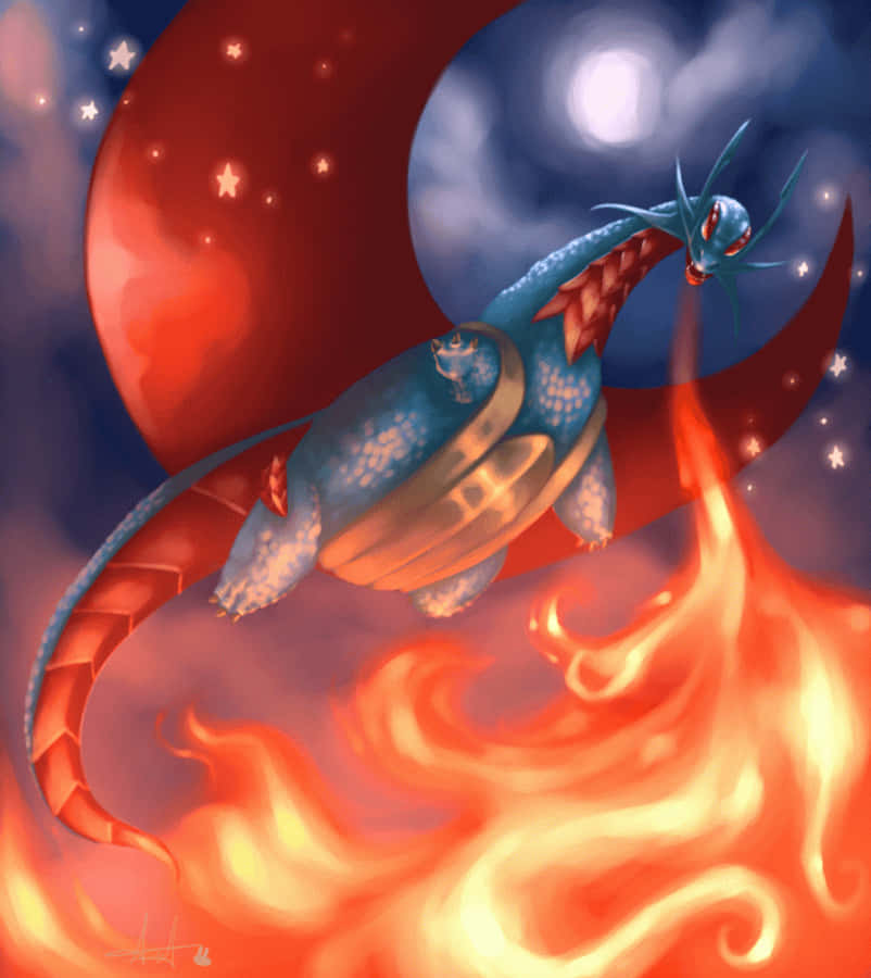 Salamence 桌布 壁紙 — 一條帶有紅色點綴的藍色龍在紅色月亮和星空夜晚的背景下噴出熾熱的火焰。