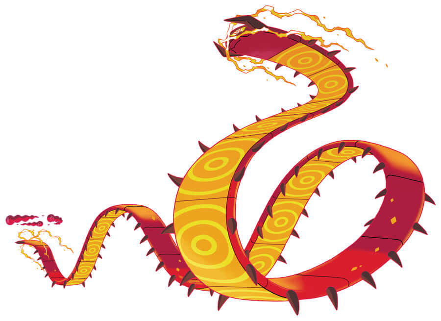 寶可夢 桌布 壁紙 — 一條帶有螺旋圖案的火紅與黃色龍，在白色背景上動態盤繞並噴出火焰。