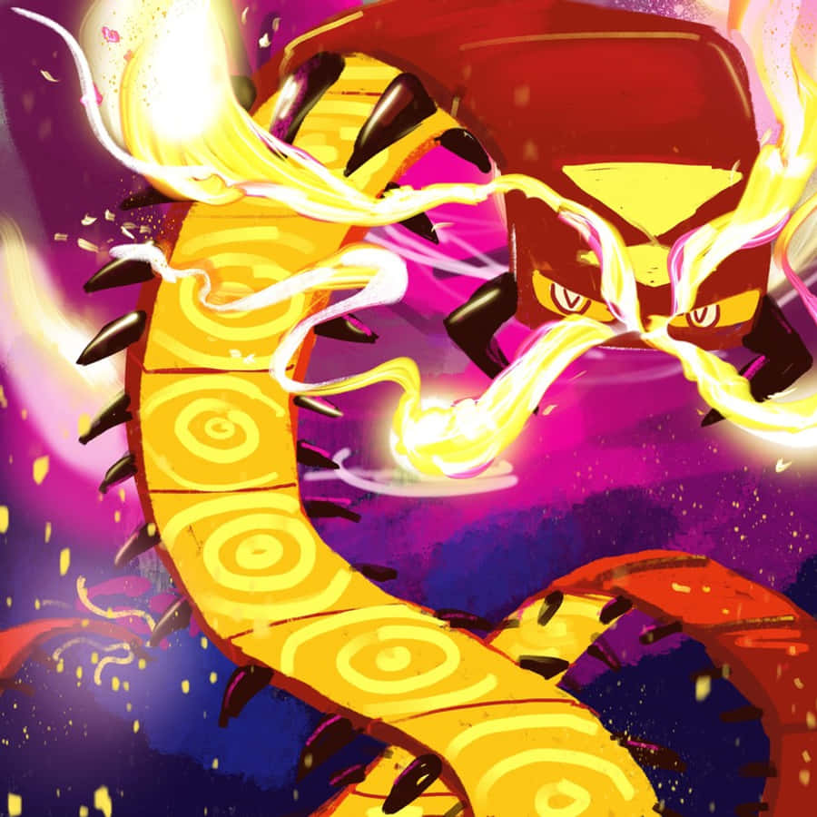Pokémon 手機 桌布 壁紙 — 一條帶有螺旋圖案的熾熱黃龍，在宇宙紫色和藍色背景下噴出發光的能量。