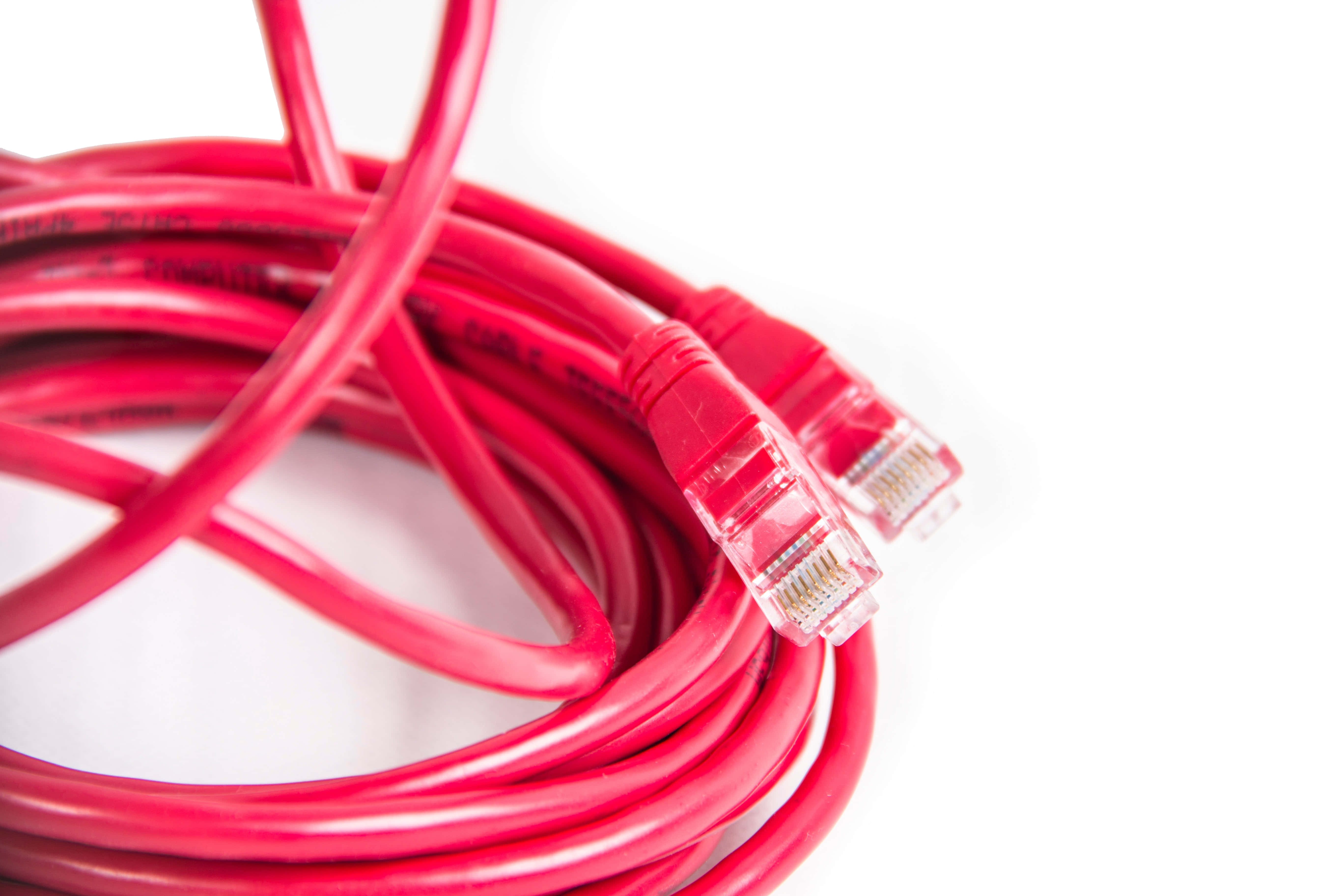 Ethernet 桌布 壁紙 — 一條帶有透明連接器的紅色乙太網路電纜盤繞在純白色背景上。