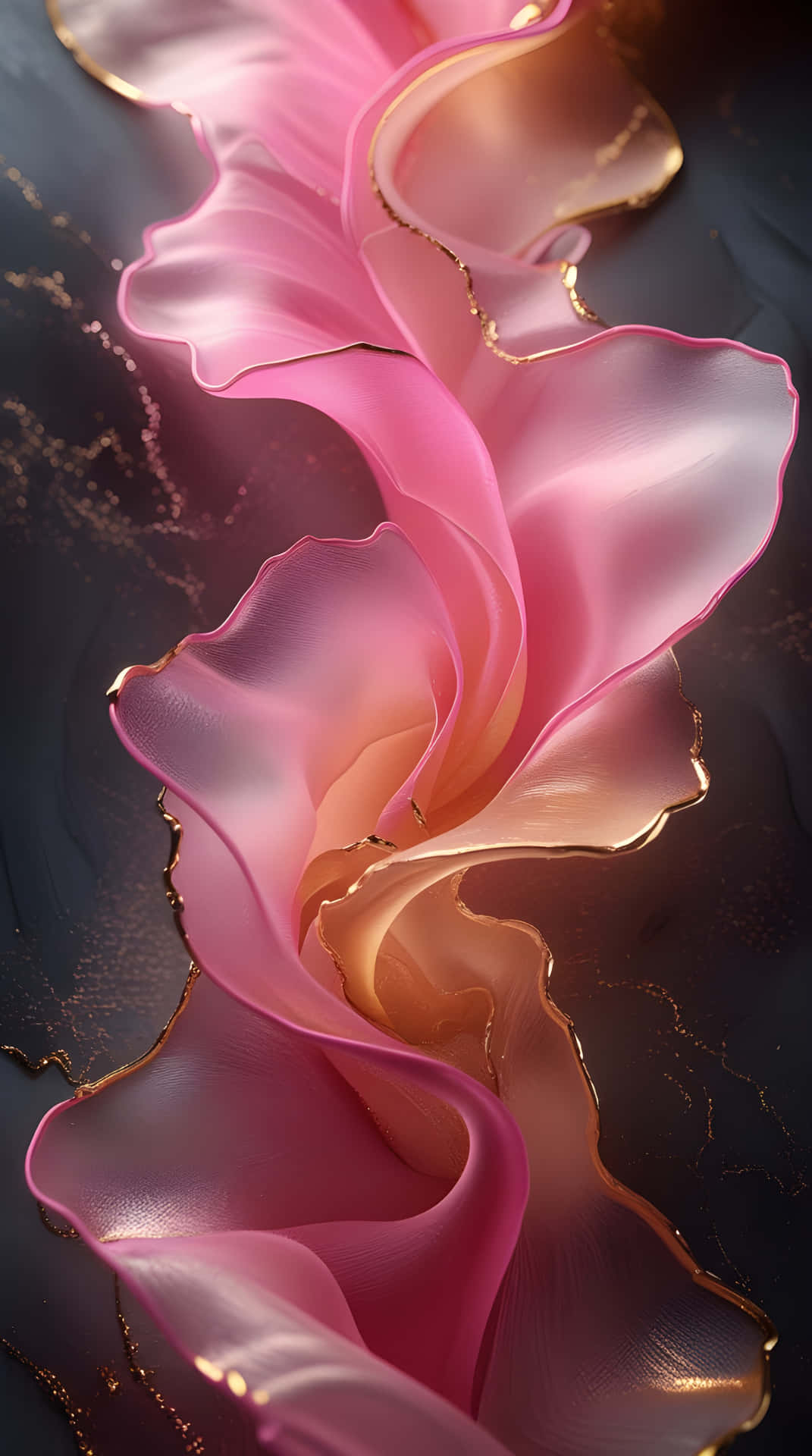 The beautiful pink abstract background 壁紙 — 一條帶有金色飾邊的粉紅色半透明布料在深色紋理背景上優雅地螺旋飄動。