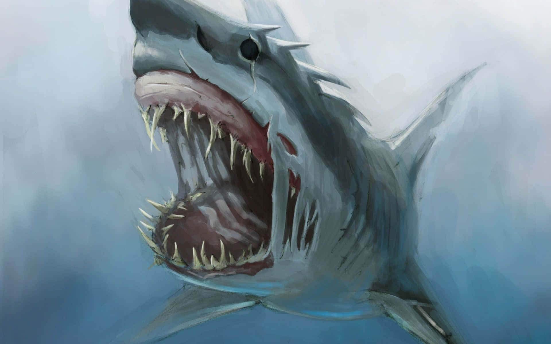 Scary Shark 桌布 壁紙 — 一條帶有鋸齒狀牙齒和血淋淋牙齦的威脅性大白鯊，在渾濁的藍色水中張開嘴巴咆哮。