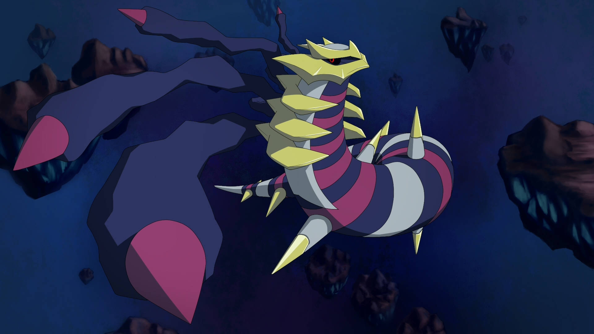 Giratina 桌布 壁紙 — 一條帶有黃色尖刺和紫色條紋的威嚇性動漫龍，在充滿漂浮鋸齒狀岩石的黑暗宇宙虛空中翱翔。