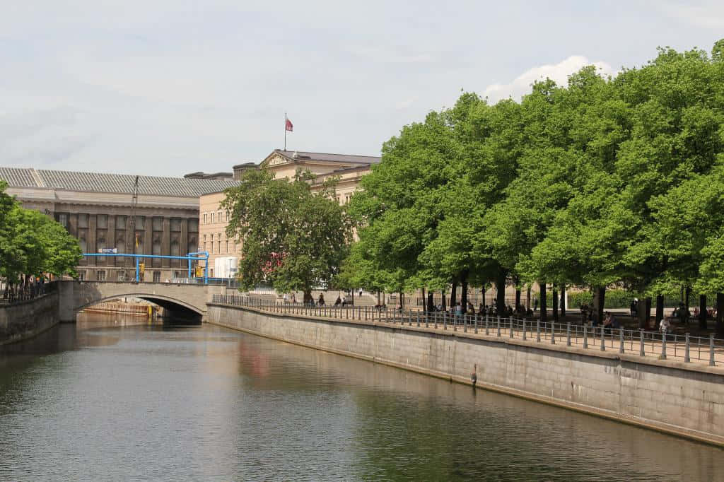 Berlin 桌布 壁紙 — 一條平靜的河流流經一座宏偉的歷史建築，兩旁種滿茂密的綠樹，天空部分多雲。
