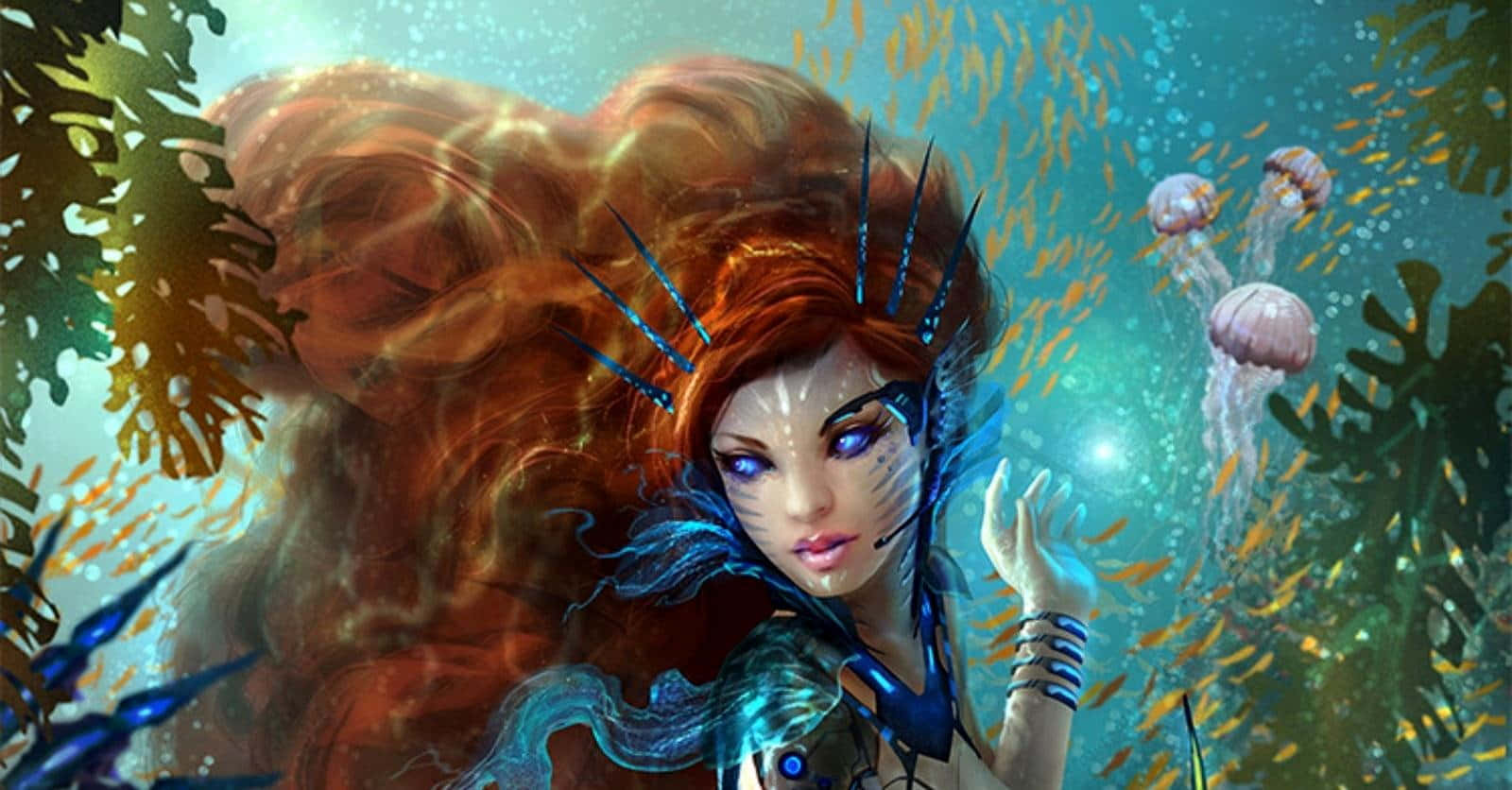 美人魚 桌布 壁紙 — 一條幻想美人魚，擁有發光的藍色眼睛和飄逸的紅髮，在神秘的水下領域中優雅地游過發光的水母和珊瑚。