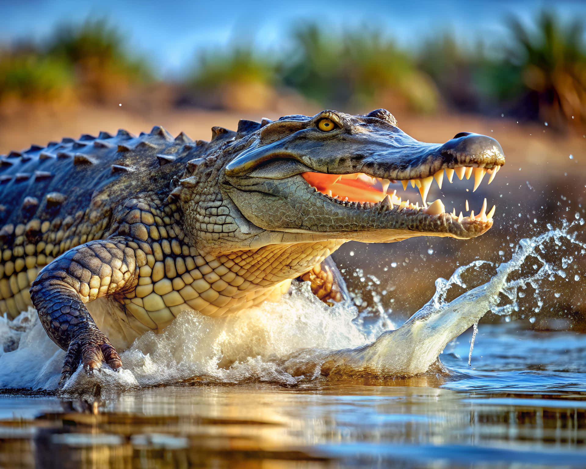 Crocodile 壁紙 — 一條強壯的鱷魚從陽光照射的水中猛然衝出，張開大嘴露出鋒利的牙齒，水花在其裝甲般的身體周圍飛濺。