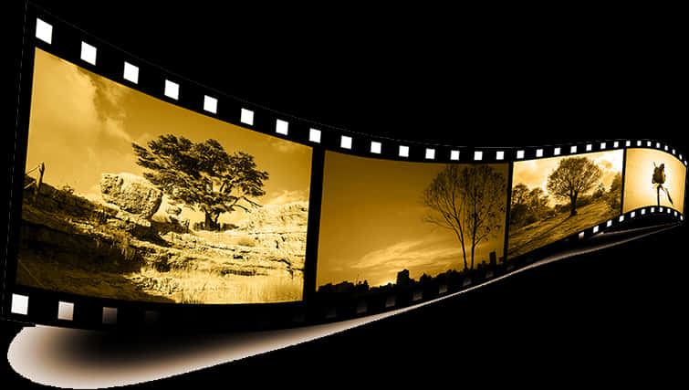電影 桌布 壁紙 — 一條彎曲的金色底片條在黑色背景上展示寧靜的風景場景。