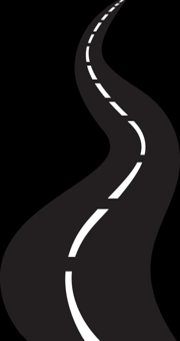 Road 桌布 壁紙 — 一條彎曲的黑色道路，帶有白色虛線，在純黑色背景上向上彎曲。