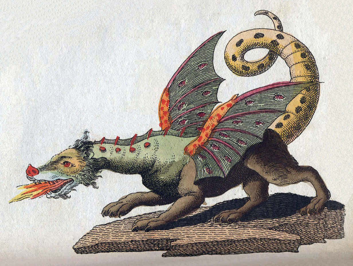 龍 桌布 壁紙 — 一條復古插圖風格的龍，綠色身體、紅色尖刺和斑點尾巴，對著木頭原木噴火。