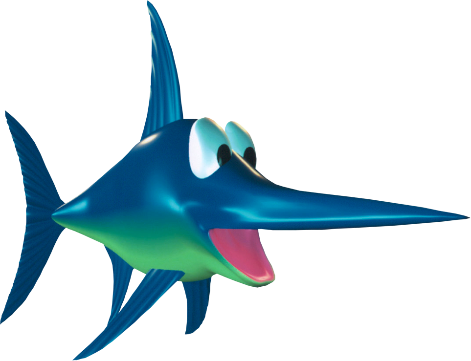 Swordfish 桌布 壁紙 — 一條快樂的卡通劍魚，有大眼睛和燦爛的笑容，在黑色背景上發光。